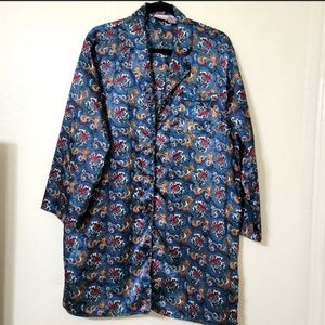 Vintage Intimate Moods silky satin nightshirt button up paisley Blue Sz L